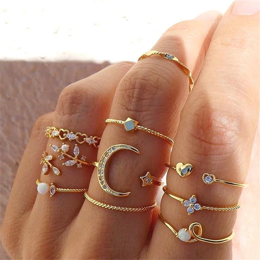 FNIO Bohemian Gold Colour Chain Rings Set För Kvinnor Mode Boho Coin Snake Moon Rings Party 2021 Trend Smycken Present