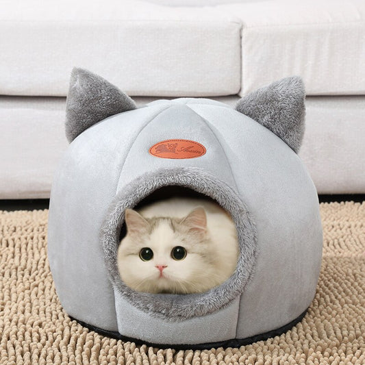 Round Cat Bed Deep Sleep House Kennel Cat Ears Cave Kitten Beds Winter Warm Plush Dogs Kennel Pets Tent Cozy Cats Accessories